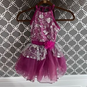 Weissman Dance Costume - size SC. Purple leotard with silver glitter and trim.